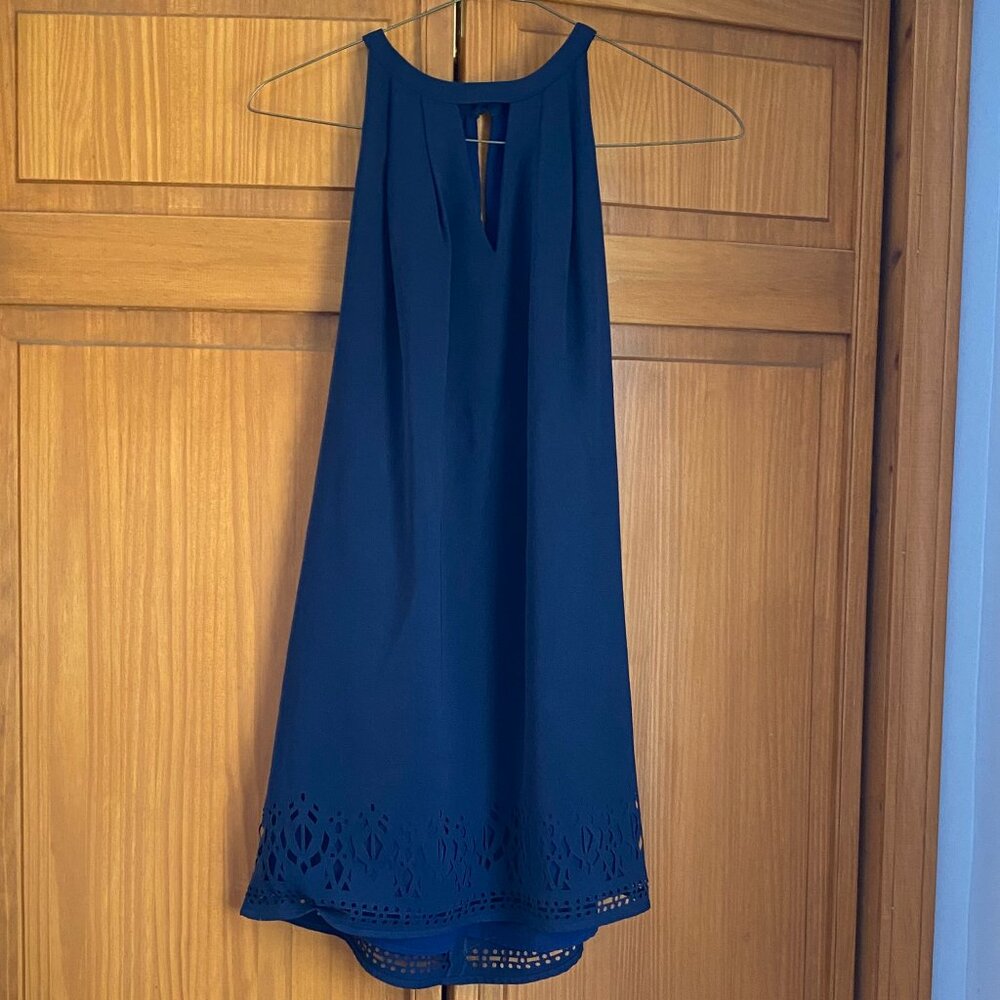 Navy Blue Shift Dress Eyelet Cutout Hem SIZE SMALL
